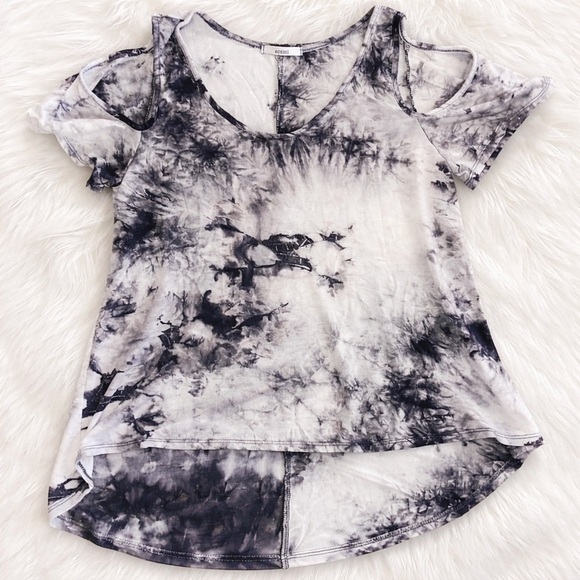Acemi Tops - Acemi Medium Black White Tie Dye Cold Shoulder Top Boho Casual Soft Tee M